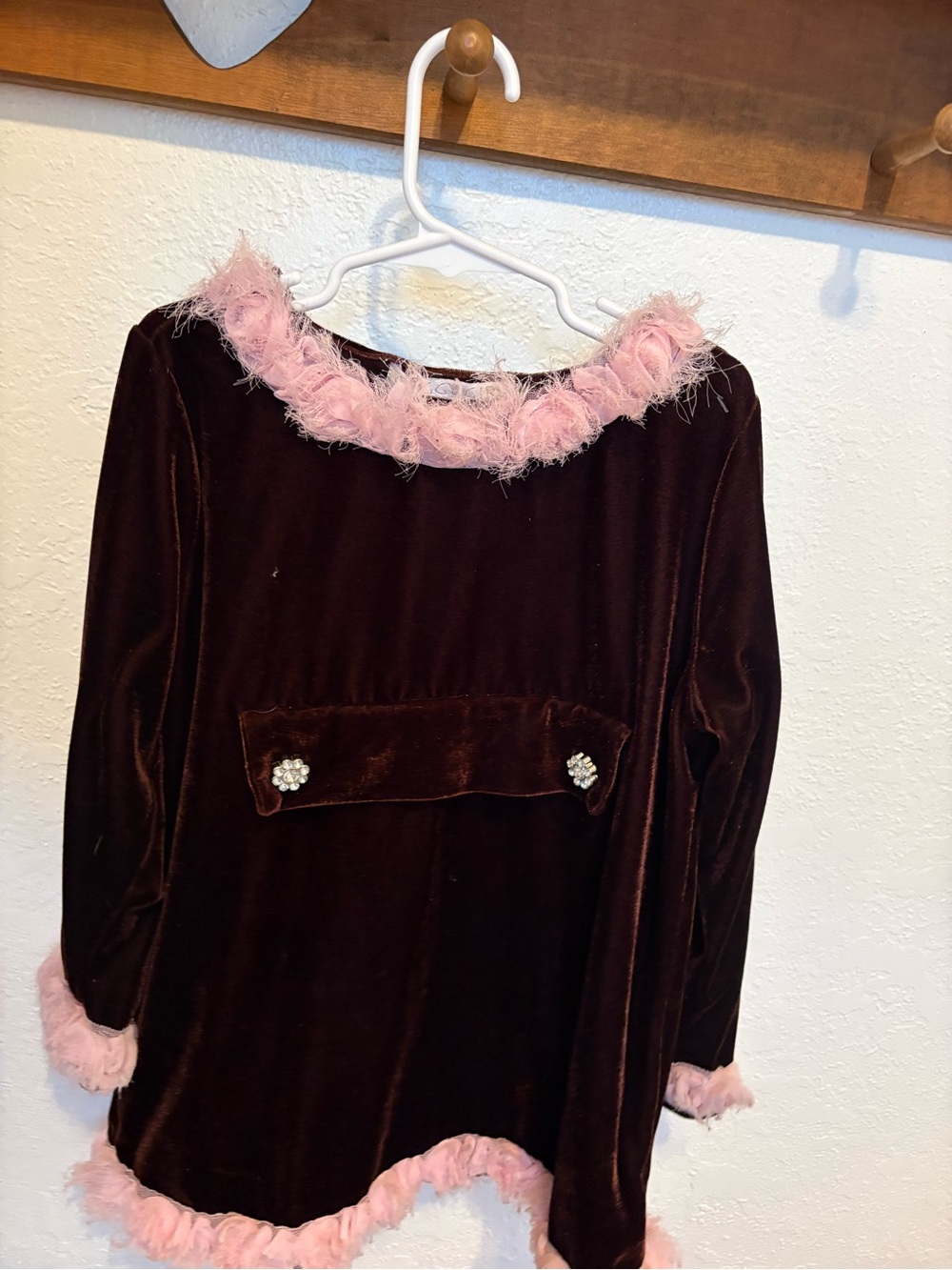 Girls' Brown Velvet Dress with Pink Feather Trim